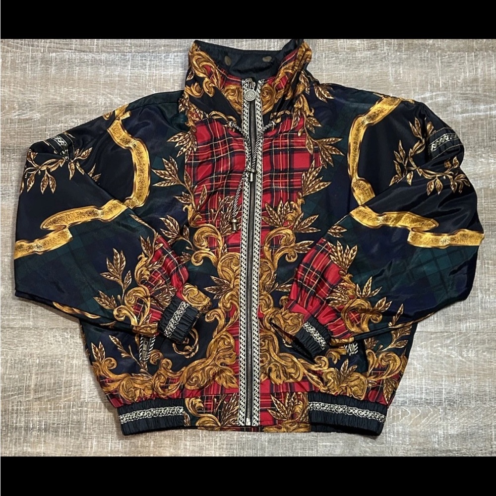 VINTAGE Gallery Down Jacket Womens Small Baroque Tartan Plaid Puffer Bomber 90s